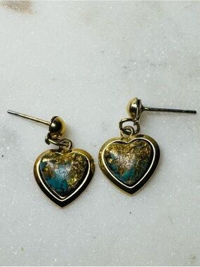 Gold Heart Drop Earrings with Turquoise Inlay